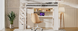 English Elm Full Loft Bed with Integrated Wardrobe Desk Shelving and Led Lighting for Teen Rooms Beige LT000927AAA