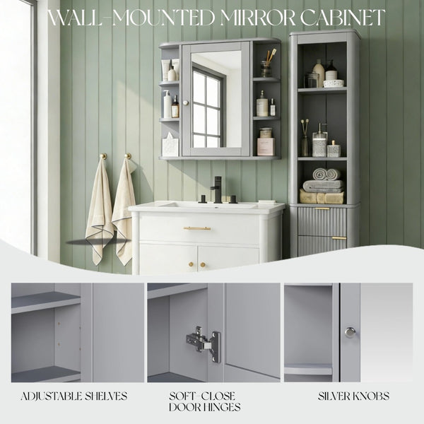 English Elm Bathroom Wall Cabinet with Mirror Door Open Shelving and Adjustable Interior Storage Gray N817P375228G