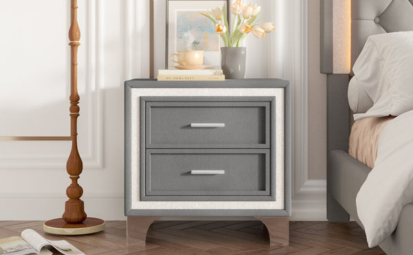 English Elm Mid Century Nightstand Velvet 2-Drawer Bedside Table with Metal Legs, Retro Space-Saving Storage and Durable Finish Gray 23.5 L x 19 W x 17 H N733P183659E