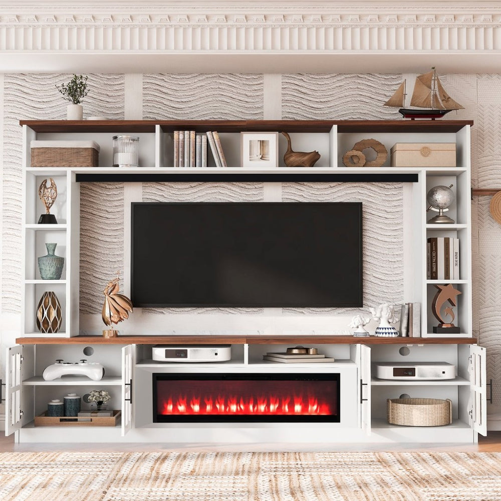 English Elm U-can Modern Farmhouse Wall Unit with Electric Fireplace Bookshelves and Glass Cabinet Doors White+Walnut SJ000153AAK