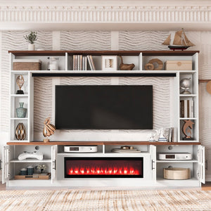English Elm U-can Modern Farmhouse Wall Unit with Electric Fireplace Bookshelves and Glass Cabinet Doors White+Walnut SJ000153AAK