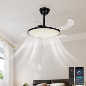 English Elm 42 Inch Retractable Ceiling Fan With Remote - Modern Black Low-Profile Fan & Dimmable Light Setup W2312P375021