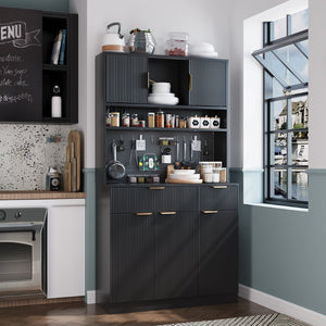 English Elm Pantry Hutch with Fluted Mdf Panels Charging Station Pegboard and Open Shelving T3773P416035