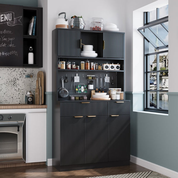 English Elm Pantry Hutch with Fluted Mdf Panels Charging Station Pegboard and Open Shelving T3773P416035