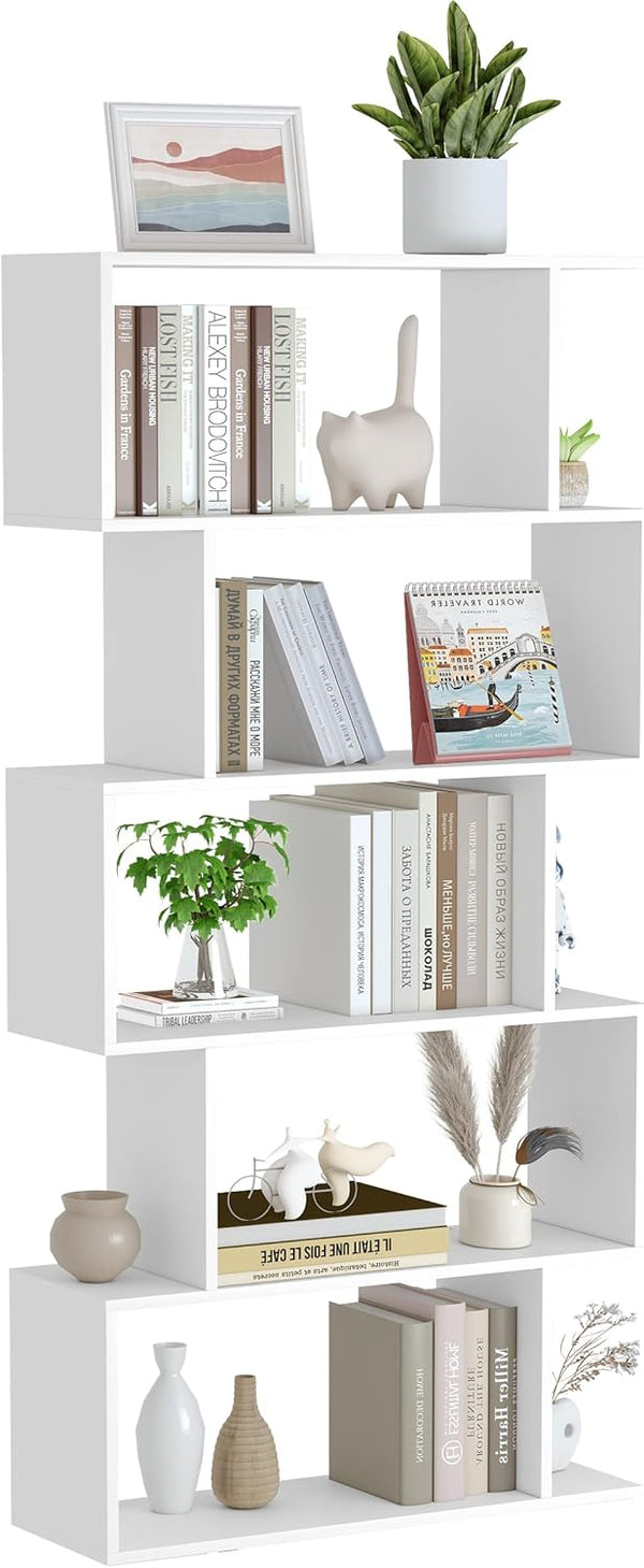 English Elm Five tier minimalist white bookshelf with five shelves for modern storage, durable engineered wood design Cream White W2139P288172
