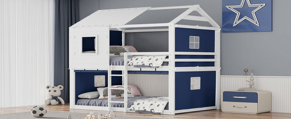English Elm Full Size Kids Playhouse Bunk Bed Pinewood Frame with Tent Roof and Window Cutouts Blue LT000380AAC-1