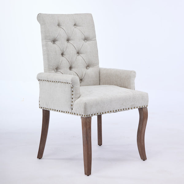 English Elm Upholstered Chenille Dining Chair with Hand-Tufted Back, Curved Solid Wood Legs, Comfortable Armseat Beige W1143P346927