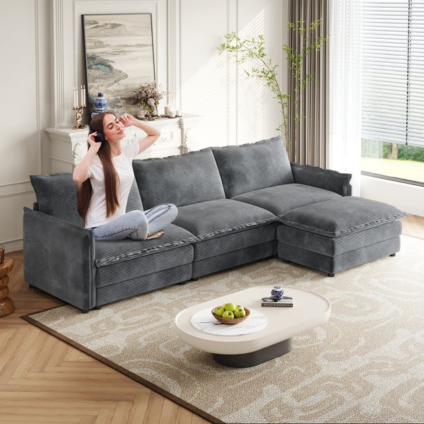 English Elm Corduroy 3-Seater Oversized L-Shaped Couch With Movable Footrest For Ultimate Comfort & Style W834S00431