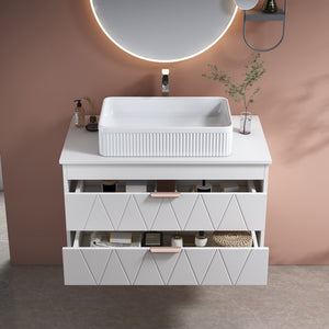 English Elm 31.5" White Modern Bathroom Vanity with Textured Ceramic Vessel Sink, Diamond Drawers, Rose Gold Accents W3136S00025