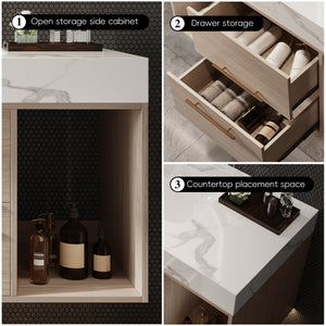 English Elm 39.4'' Floating Bathroom Vanity with Ceramic Sink and Sintered Stone Top, Wall-Mount Modern Design White + Light Oak W3136S00003
