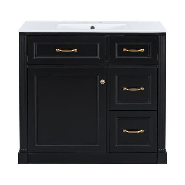 English Elm 36 Inch Bathroom Vanity With Sink & Soft-Close Drawers - Modern Black Cabinet For Smart Storage N725P336549B