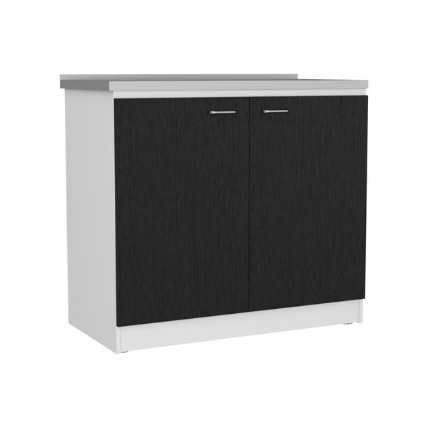 English Elm Freestanding Sink Cabinet With Double Doors, 2 Shelves, Stylish White & Black Finish For Storage B097S00140