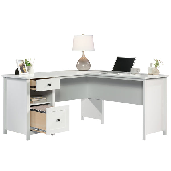English Elm L-Shaped Desk In Sleek White Finish - Spacious Corner Workspace With Storage For Home Office Efficiency B356P367731
