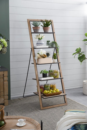 English Elm 24.8x26.4x72.4" Five Tier Fir Wood Ladder Bookshelf Farmhouse Iron Hardware Display W2078P499743