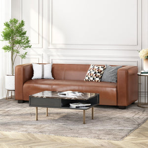 English Elm Light Brown Leather Three Seat Sofa with Dark Wood Legs for Modern Living Rooms N770P387768E