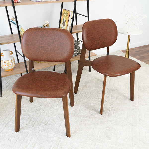 English Elm Ashcroft Furniture - Hot Kelsey Brown Leather Dining Chair Set of 2 with Walnut Solid Wood Base Mid-Century Vegan Comfort B183P232003