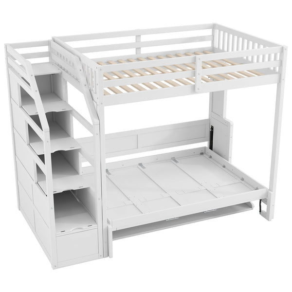 English Elm Full XL Loft Bed with Storage Staircase & Murphy Bed, Solid Pine, LED Light, Space-Saving White N7090004017K