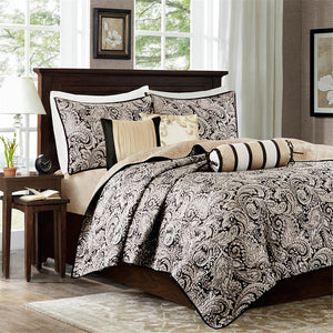 English Elm 6 Piece Aubrey Jacquard Quilt Set Reversible Paisley Weave with Metallic Sheen and Decorative Pillows Black 22.83 L x 18.11 W x 6.7 H B03597447