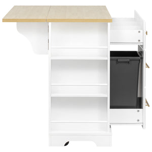 English Elm K&K Rustic Kitchen Island Cart with 6 Drawers, Pull-Out Trash Cabinet, Drop Leaf & Built-In Charging Station White N707P307292W