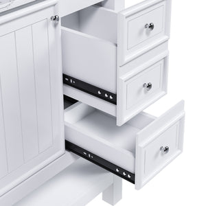 English Elm 36-inch white bathroom vanity without sink — solid wood frame, 1 cabinet, 3 drawers, quiet hardware, shelf W509P347341
