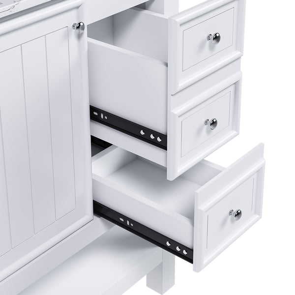 English Elm 36-inch white bathroom vanity without sink — solid wood frame, 1 cabinet, 3 drawers, quiet hardware, shelf W509P347341