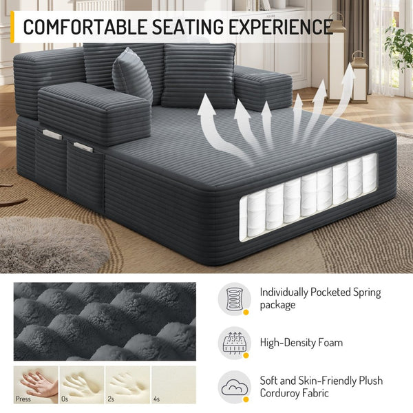 English Elm Luxurious Corduroy Convertible Chaise Lounge Sofa Bed with Foam Support for Apartments Dark Gray W3219P449014