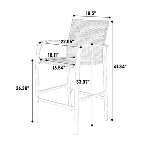 English Elm 3 Pieces Outdoor Bar Stool Set - Stylish Rattan Chairs With Glass Table For Patios, Balconies & Pools W640P256895