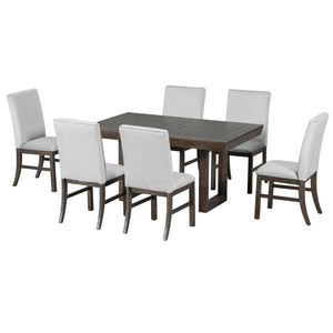 English Elm TOPMAX 7-Piece Extendable Dining Set with 12" Self-Hidden Butterfly Leaf and Upholstered Chairs, Distressed White Wire-Brushed Finish Brown SP000059AAD