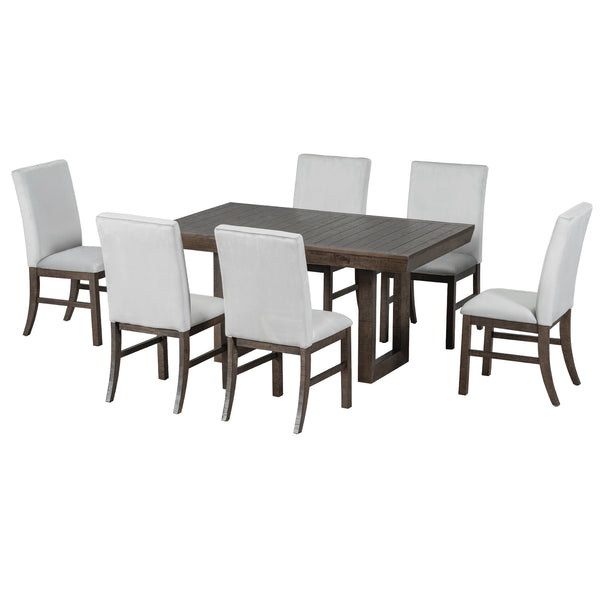 English Elm TOPMAX 7-Piece Extendable Dining Set with 12" Self-Hidden Butterfly Leaf and Upholstered Chairs, Distressed White Wire-Brushed Finish Brown SP000059AAD