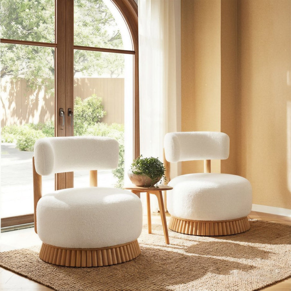English Elm Modern Boucle Upholstered Armless Accent Chair Set with Thatched Wood Base for Living Room Beige N760S0000036A
