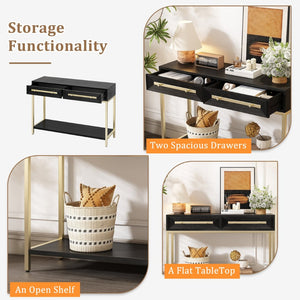 English Elm Trexm Retro Modern Console Table Two Drawers Geometric Matte Black Gold Entryway N715P227910B