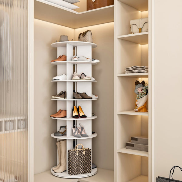 English Elm Rotating Shoe Rack Tower - 6-Tier 360° Spinning Organizer For 24 Pairs, Space-Saving Design, White W2699P270163-GIGA