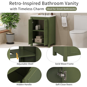 English Elm 24" Vintage Style Small Bathroom Vanity Olive Green with Ceramic Sink, Soft-Close Doors, Shelf (95) N729P292015F