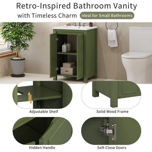 English Elm 24" Vintage Style Small Bathroom Vanity Olive Green with Ceramic Sink, Soft-Close Doors, Shelf (95) N729P292015F