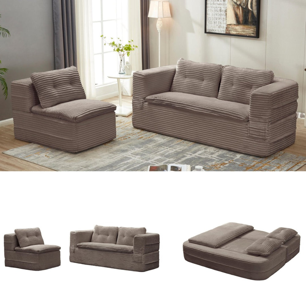 English Elm Multi Purpose Corduroy Sectional with Chaise Converts to King Floor Bed Deep Seat Coffee W3219S00010