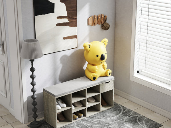 English Elm Storage Bench with Cushion, 10-Compartment Shoe Organizer, Drawer & 3-Tier Space for Entryway Use W3151P288934