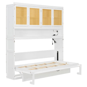 English Elm Twin Murphy Bed with Rattan Cabinet Doors Led Lighting and Usb Charging for Small Spaces White LP000740AAK