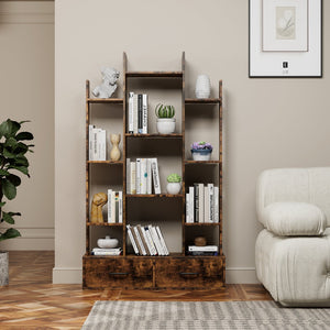 English Elm Bookshelf Rustic Brown 12 Open Shelves & 2 Drawers Industrial Space-Saving Bookcase for Home Office W578P207921