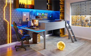 English Elm Wood Full Size Gaming Loft Bed with Desk, LED Lighting, Grey — Sturdy Pine Storage, 400lb Capacity, Space-Saving Design N709P236480E