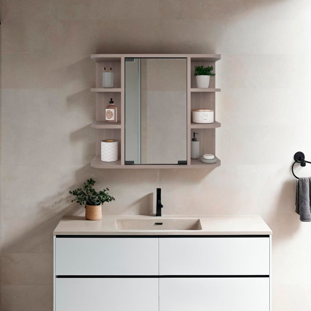 English Elm Medicine Cabinet with Mirrored Door Six Open Shelves Light Gray Bathroom Wall Storage B097133146