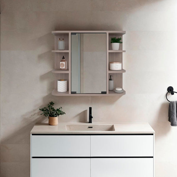 English Elm Medicine Cabinet with Mirrored Door Six Open Shelves Light Gray Bathroom Wall Storage B097133146
