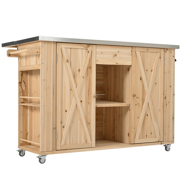 English Elm Outdoor Kitchen Island Solid Fir Wood with Foldable Stainless Top, Ample Storage, Wheels, Opener Natural Wood N719P246553Y