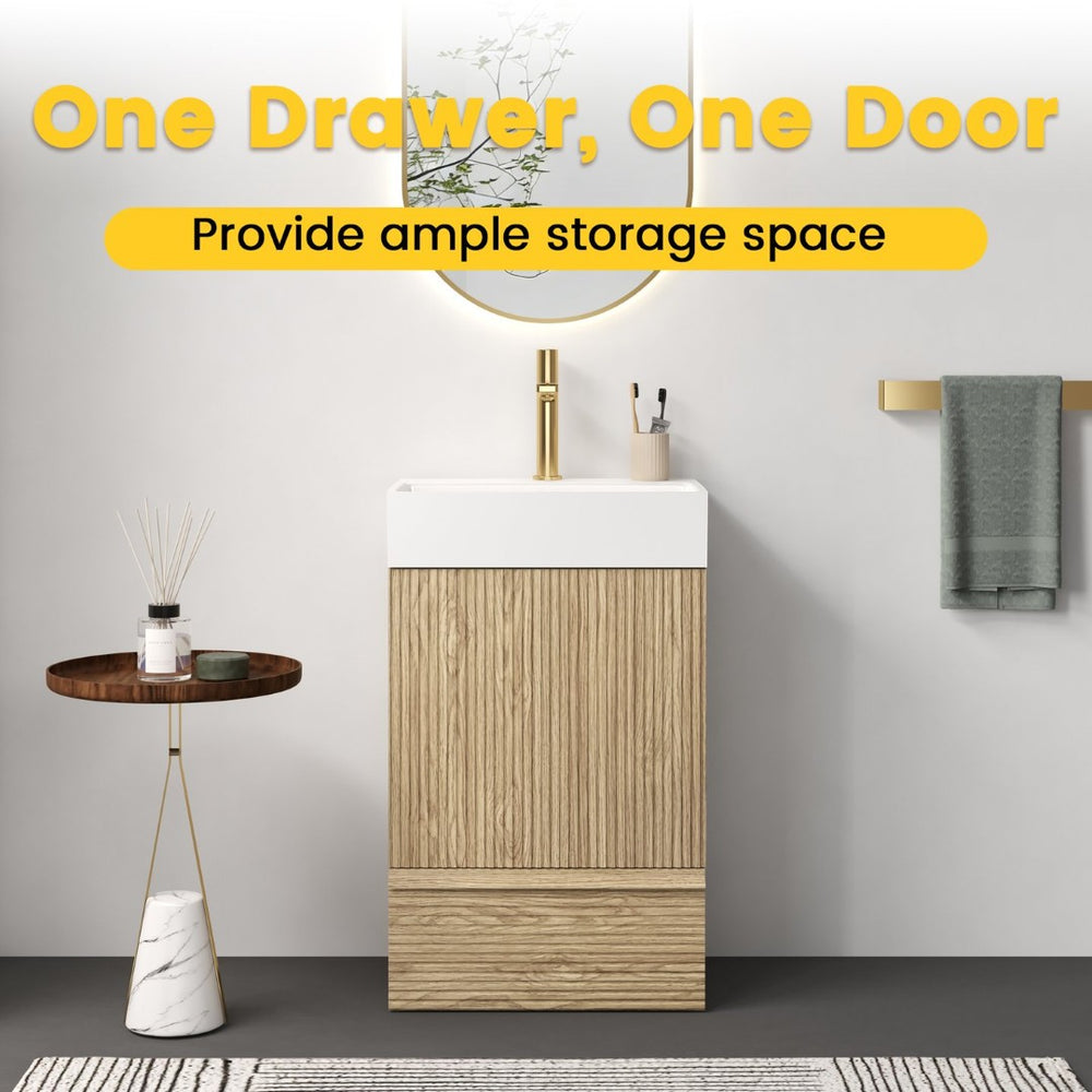 English Elm Gada Fluted Sage Freestanding Bathroom Vanity with Brushed Brass Vessel Sink Cabinet Light Oak W1865S00216