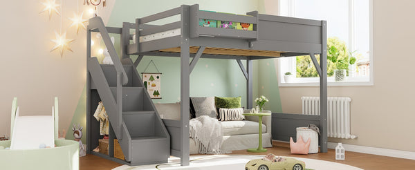 English Elm Twin Low Loft Bed Solid Pine Frame Kids Study Desk Blackboard Storage White Gray W1580S00469