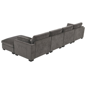 English Elm 130" Modular Sectional Sofa with Folding Table, Dual USB Charging, Hidden Side Pockets, Chenille Comfort Charcoal N723S9710R