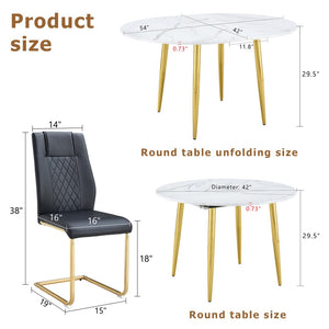 English Elm Table and Chair Set Extendable Mdf Round Oval Dining with Gold Arched Legs Black,White+Gold W1151S03945