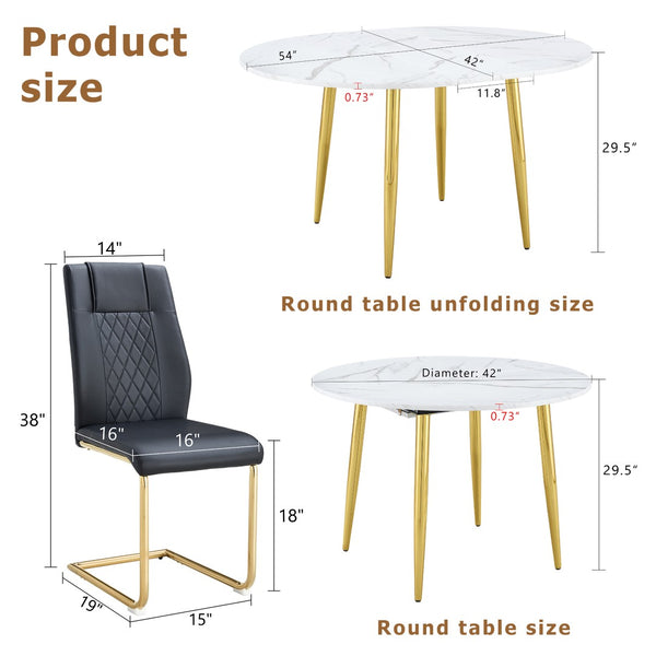 English Elm Table and 6 Chair Extendable Mdf Dining Set with Gold Arched Legs Modern Style Black,White+Gold W1151S03946