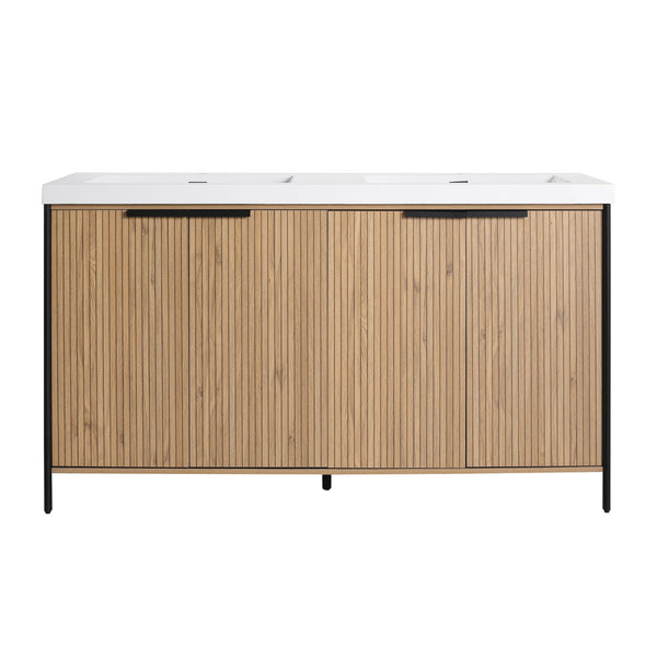 English Elm 60" Freestanding Bathroom Vanity with Double Resin Sink, Soft-Close Doors, Adjustable Shelves, Water-Resistant Finish W999S00383