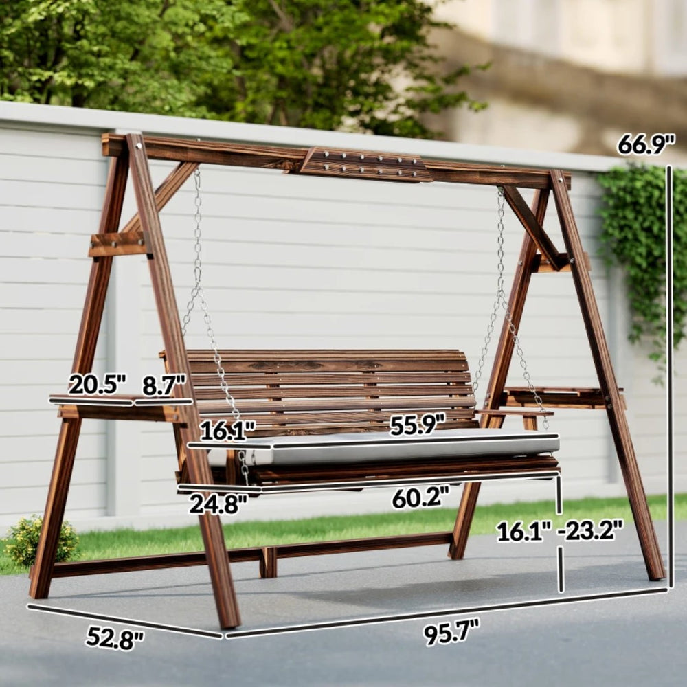 English Elm Chic Fir Wood Porch Swing Seat for Three with Side Trays and Adjustable Chain Brown,Carbon T3971P466694