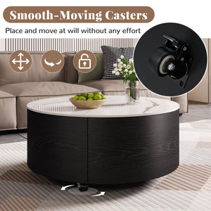 English Elm Modern Round Coffee Table with Sintered Stone Marble Top, Locking Casters, 2 Soft-Close Drawers, Space-Saving Design Black N735P328523B